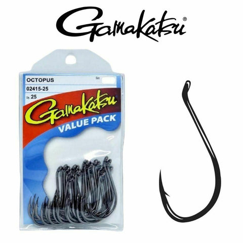Gamakatsu Octopus Hooks NS Black | Value Pack 25Pk Sizes 1 - 2 - 4 - 6 - 8 - Reel Outfitters Co